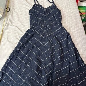 LL BEAN Navy Windowpane Midi Dress with Spaghetti Straps - 6